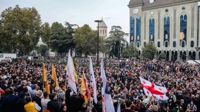 Тбилисидеги парламент имаратынын алдындагы демонстранттар