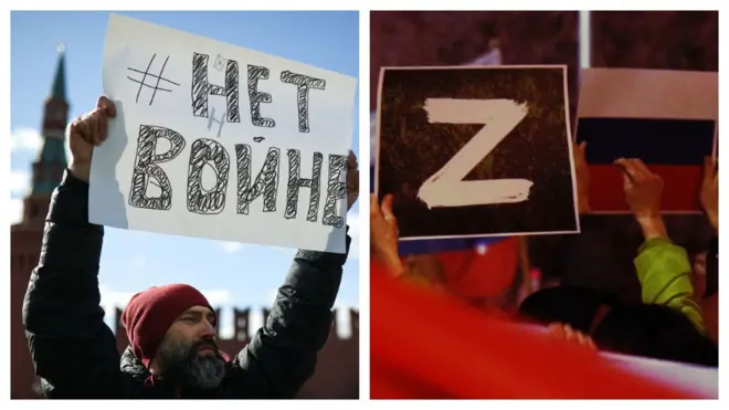 Two protest signs: one for and one against the invasion of Ukraine