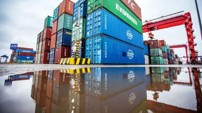 Qingdao port foreign trade container terminal, container yard stacked containers, Qingdao, Shandong Province, China, January 9, 2020. In 2019,