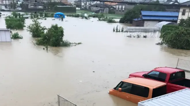 Enchente no distritoMabi,Kurashiki, onde mora Maurício Abe Pereira | Arquivo Pessoal