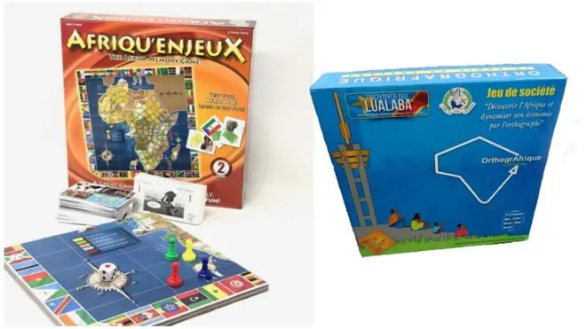 Les coffrets des jeux Afriqu'enjeux (à gauche) Orthografrique (à droite)