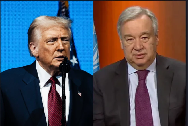 Ààrẹ Donald Trump wọ kóòtù dúdú, gbohùngbohùn wà níwájú rẹ̀. Akọ̀wé àgbà UN, António Guterres náà wọ kóòtù dúdú, ó ń wo ọ̀ọ́kán