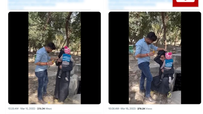 Des captures d'écran d'un clip montrent un homme découvrant une personne portant un enfant et vêtue d'une burka.