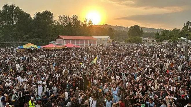 Supporters of the Joint Awami Action Committee (JAAC) gather during a week-long protest in Rawalakot,