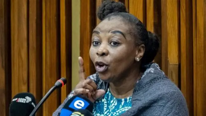 Nomia Rosemary Ndlovu gestures at the South Gauteng high Court in Johannesburg on September 27, 2021