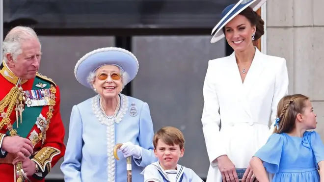 ظهرت الملكة إليزابيث الثانية من شرفة قصر باكنغهام جنبًا إلى جنب مع الأعضاء العاملين في العائلة الملكية