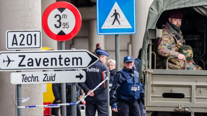 Police and soldiers outside Zaventem Airport in Brussels, Tuesday, March 29, 2016