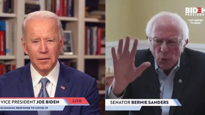 Screengrab taken from JoeBiden.com campaign website, Bernie Sanders endorses Democratic presidential candidate Joe Biden during a live streaming broadcast on April 13, 2020
