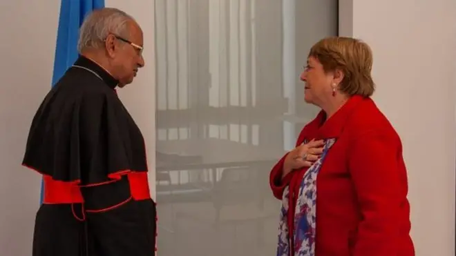 කොළඹ අගරදගුරු අතිඋතුම් මැල්කම් කාදිනල් රංජිත් හිමිපාණන් එක්සත් ජාතීන්ගේ මානව හිමිකම් පිළිබඳ මහ කොමසාරිස් මිචෙල් බැච්ලේ හමුව.