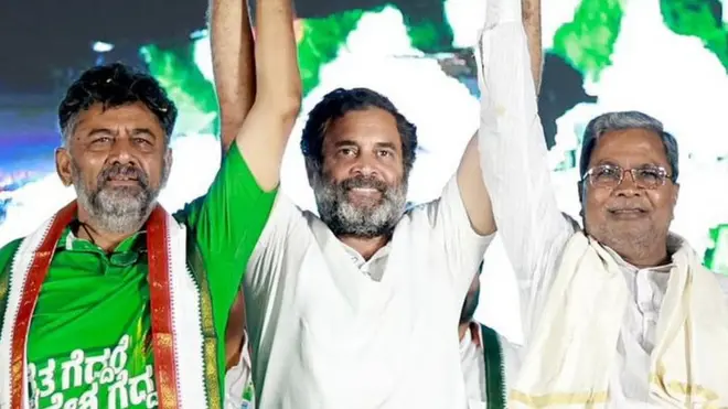 भारत जोड़ो यात्रा के दौरान राहुल गांधी के साथ डीके शिवकुमार और सिद्धारमैया