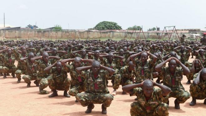 Recruits undergo training for headquaters of di Depot of di Nigerian Army for Zaria, Kaduna State