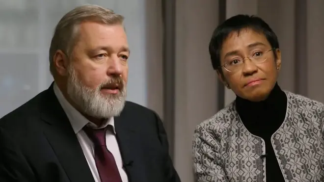 Лауреаты Нобелевской премии мира 2021 Дмитрий Муратов и Мария Ресса.