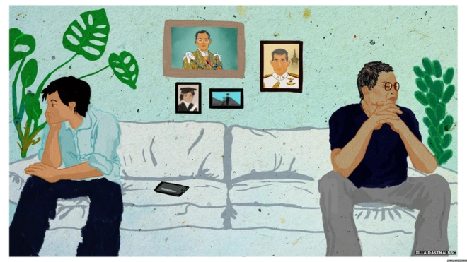 A father and son - both annoyed - look away from each other.