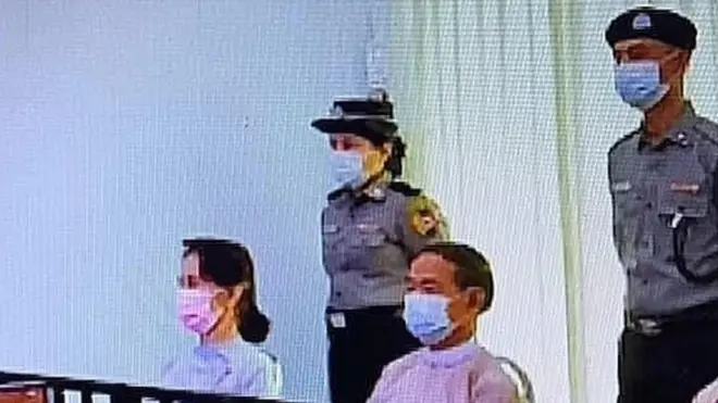 Aung San Suu Kyi in a makeshift courtroom, 24 May 2021