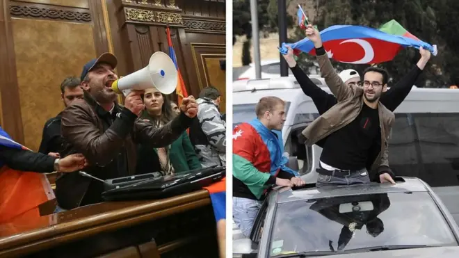 مواطن أذربيجاني يحمل العلم ويحتفل، ومواطن أرميني يحتج في البرلمان