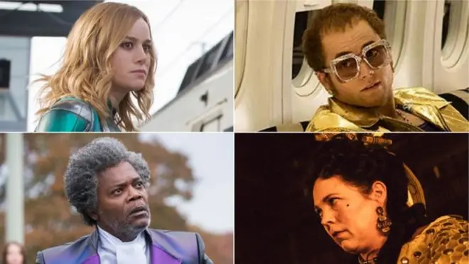 مع عقارب الساعة من أعلى يسار: بري لارسن في "كابتن مارفل"، تارون إيجيرتون في "روكيتمان"، أوليفيا كولمان في "المفضلة"، وصموئيل جاكسون في "زجاج"