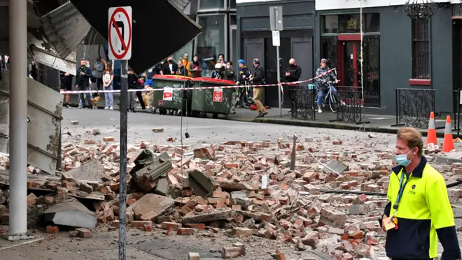 Damage to the exterior of a building on Chappel Street in Windsor following an earthquake, Melbourne, Australia, on 22 September 2021