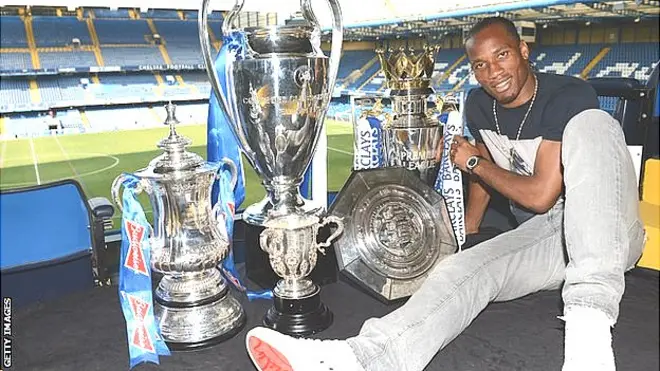 Didier Drogba win four Premier League titles, four FA Cups, three League Cups and di Champions League wit Chelsea