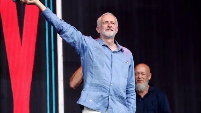 The Labour leader was joined on stage by Glastonbury Festival founder Michael Eavis