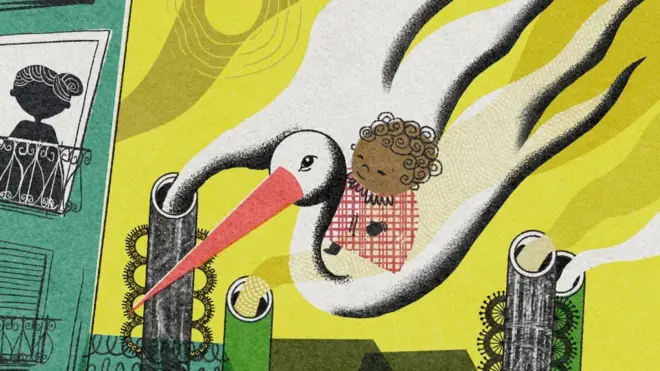 Cigüeña llevando bebé