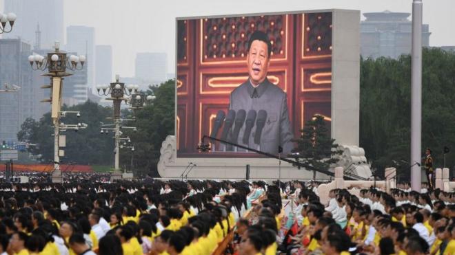 Chinese President Xi Jinping delivers a speech during the celebrations of the 100th anniversary of the founding of the Communist Party of China at Tiananmen Square in Beijing on July 1, 2021.