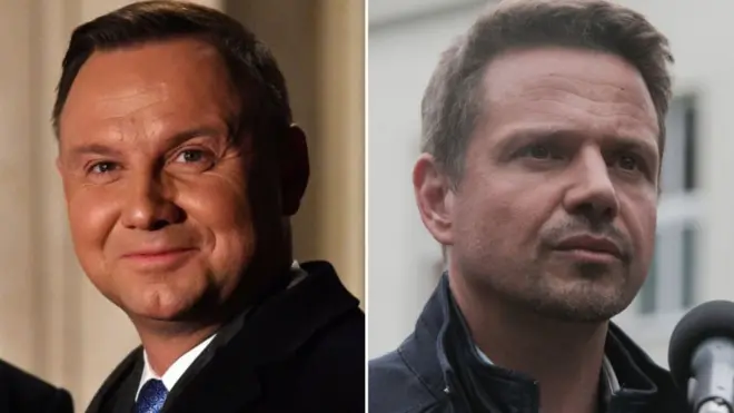 Andrzej Duda (L) is facing Warsaw Mayor Rafal Trzaskowski