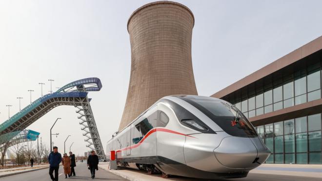 A bullet train with a speed of 200 kilometers per hour is on display during 2023 China Summit Of Metro Operators at Shougang Park on March 24, 2023 in Beijing, China