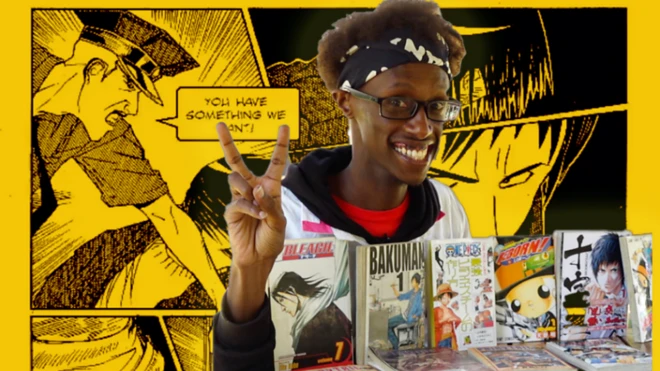 ผู้ชายผิวดำ ฉากหลังเป็นการ์ตูนญี่ปุ่น