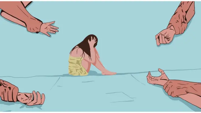 Təsvir: Qadın əllərini yerə sıxan kişi əlləri, başını tutub oturan qadın