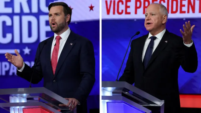 Combination image of Republican vice presidential nominee U.S. Senator JD Vance (R-OH) attending a debate with Democratic vice presidential nominee Minnesota Governor Tim Walz hosted by CBS in New York, U.S., October 1, 2024.