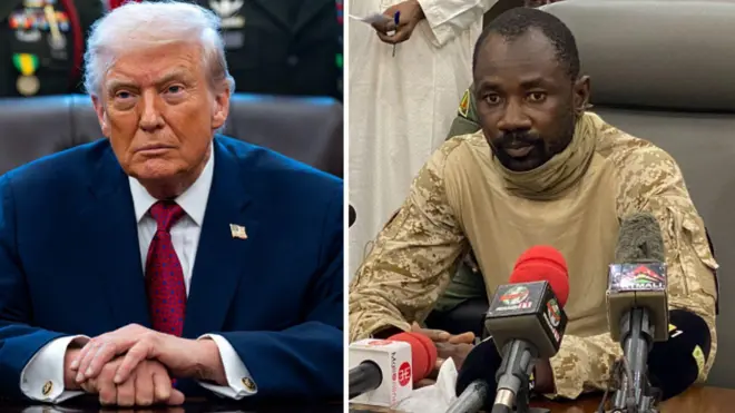 Donald Trump wear blue suit wit white shirt and red tie wit blue designs while Assimi Goïta weat army camouflage wit three microphones for im front