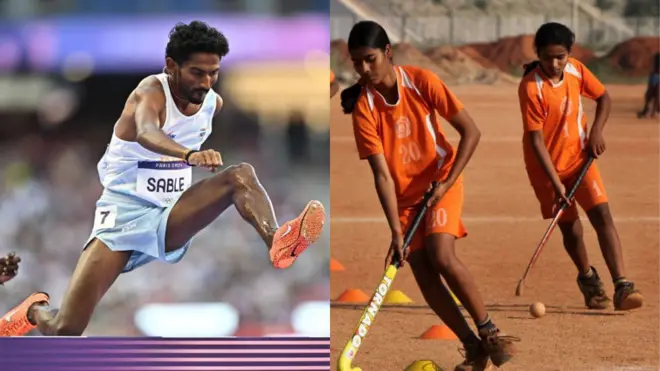 अविनाश साबळे आणि हॉकी खेळणाऱ्या मुली 