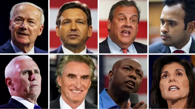 جمهوری‌خواهانی که توانستند به مناظره اول راه پیدا کنند - ردیف بالا از چپ: ایسا هاچینسون، ران دسنتیس، کریس کریستی، ویوک راماسوامی. ردیف پایین از چپ: مایک پنس، داگ برگم، تیم اسکات، نیکی هیلی