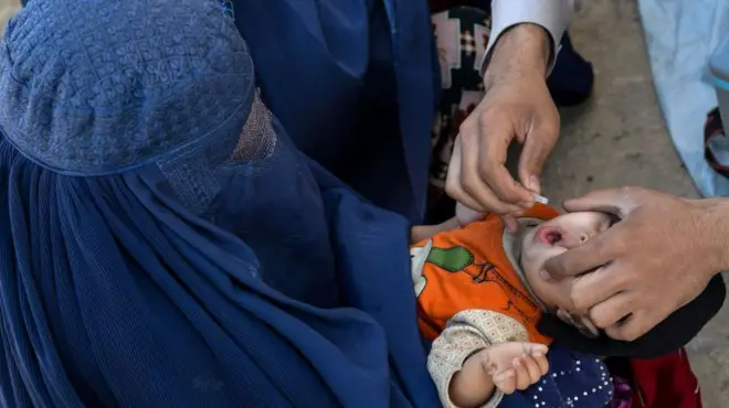 یک کارمند صحی در حال دادن قطره واکسین فلج اطفال به یک کودک در طول یک کمپین واکسیناسیون فلج اطفال در قندهار در تاریخ جنوری ۲۰۲۵.