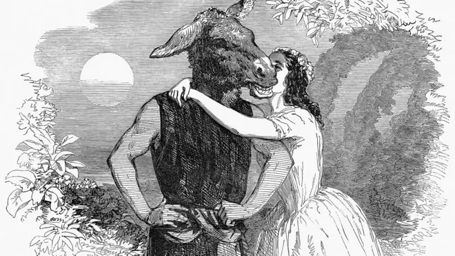 Гравюра - дівчина обіймає чоловіка з головою осла