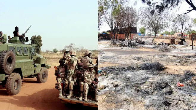 Aworan awọn ologun ati abule kan ti awọn agbesunmọmi ti dana sun.