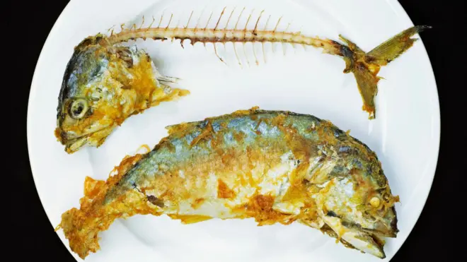 फोटो कॅप्शन - प्लेटमध्ये ठेवलेला फिश फ्राय आणि माशाचा काटा