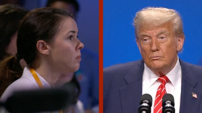 左：米羅斯拉娃·佩察（Myroslava Petsa）；右：美國總統特朗普，攝於荷蘭海牙北約峰會特朗普記者會上（26/6/2025）