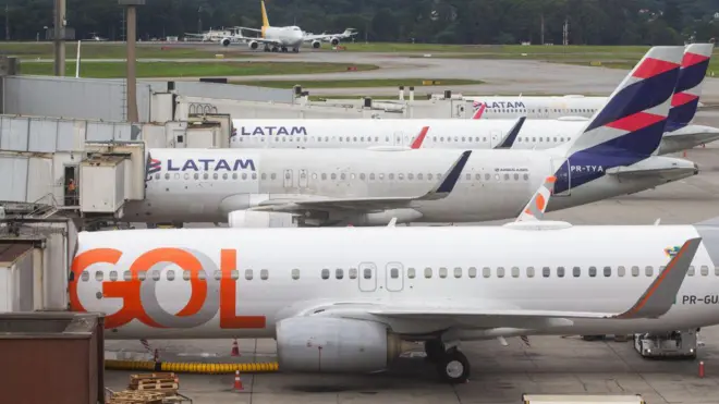 Aviões enfileirados no aeroporto de Guarulhos.