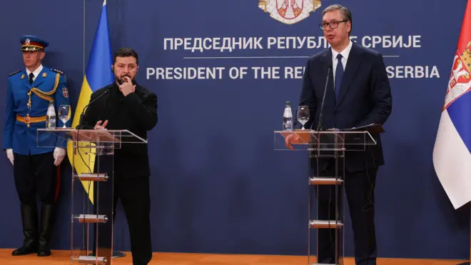 Vladimir Zelenski i Aleksandar Vučić na konferenciji za medije u Beogradu