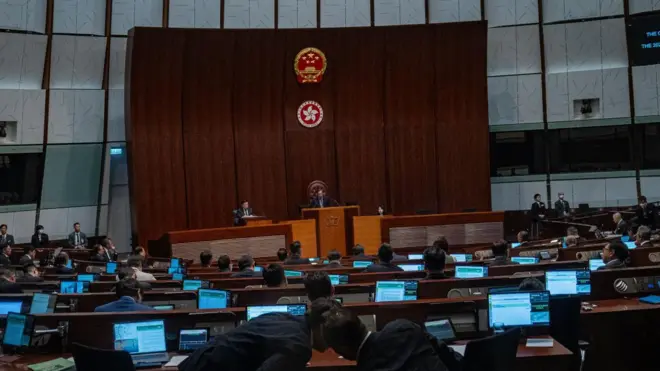 John Lee, Hong Kong's chief executive, delivers the Hong Kong policy address 2024 at the Legislative Council in Hong Kong, China on October 16, 2024