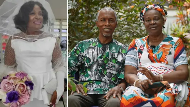 A woman in her wedding gown. The same woman sitting with her husband.