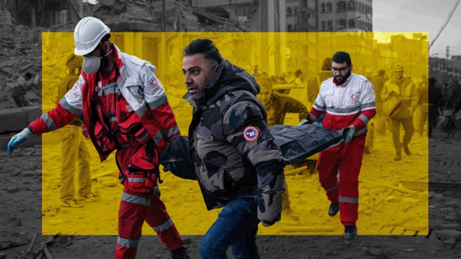 A graphic of four people carrying a stretcher with a yellow oblong in the background