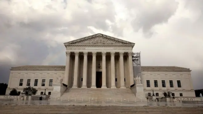 The front of US Supreme Court building with grey clouds above it.
