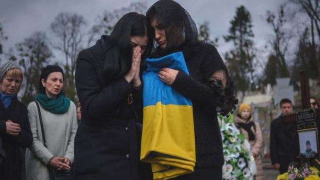 ウクライナ国旗を手に葬儀で悲しむ女性たち