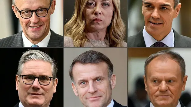 O chanceler alemão Friedrich Merz, a primeira-ministra italiana Giorgia Meloni, o primeiro-ministro espanhol Pedro Sánchez, o primeiro-ministro britânico Keir Starmer, o presidente francês Emmanuel Macron e o primeiro-ministro polonês Donald Tusk.