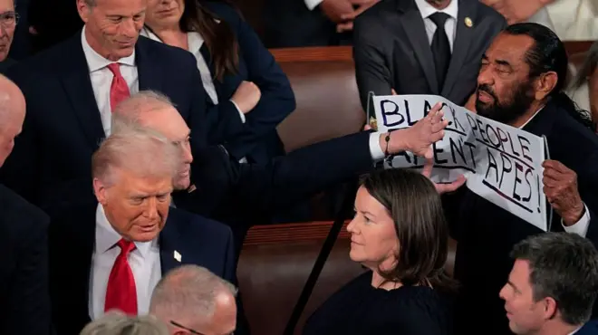 Rep Al Green holds up a sign that is being swatted away from fellow lawmakers as Trump passes. It reads, "black people aren't apes".