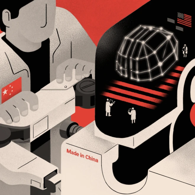 Uma ilustração mostra um trabalhador com uma bandeira da China no peito operando um robô com a inscrição “Made in China” na parte frontal. Pequenas figuras humanas, sob uma bandeira dos EUA, aparecem dentro do “cérebro” do robô