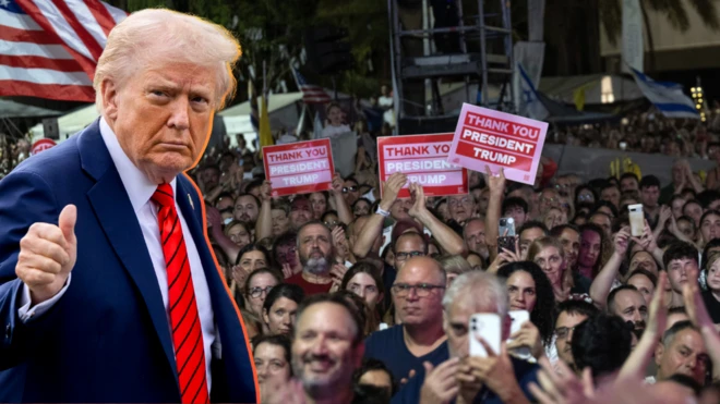 Ảnh minh họa: Tổng thống Donald Trump giơ ngón tay cái, trên hình nền là đám đông người Israel giơ biểu ngữ cảm ơn nhà lãnh đạo Mỹ