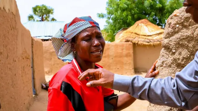 One of di pipo wey lose loved ones for di attack for Guyaku community for Adamawa State on April 26, 2026